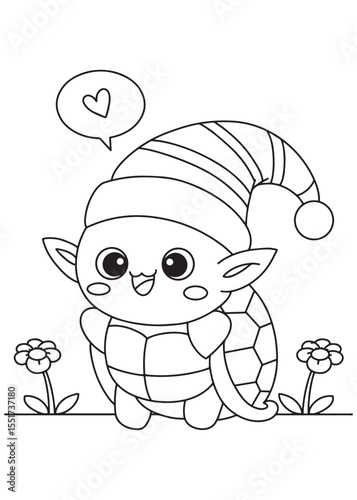 Coloring book turtle dressed as a charming elf or pixie with a striped hat and pointy ears