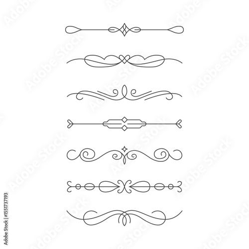 Elegant black line dividers set with flourishes and scrolls on white textured background