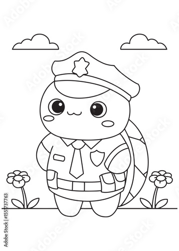 Coloring book turtle dressed as a police officer in full uniform 