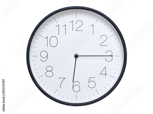 Simple wall clock with black frame and white face displaying 06:15 or 18:15. Ideal for time, schedule, and punctuality themes.