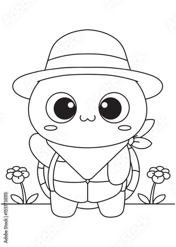 Coloring book turtle sporting a stylish hat and bandana, standing sweetly among flowers