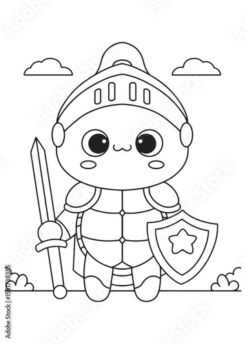 Coloring book turtle bravely dressed as a knight in shining armor with a sword and shield
