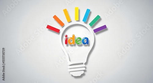 Lightbulb with rainbow rays and colorful word idea