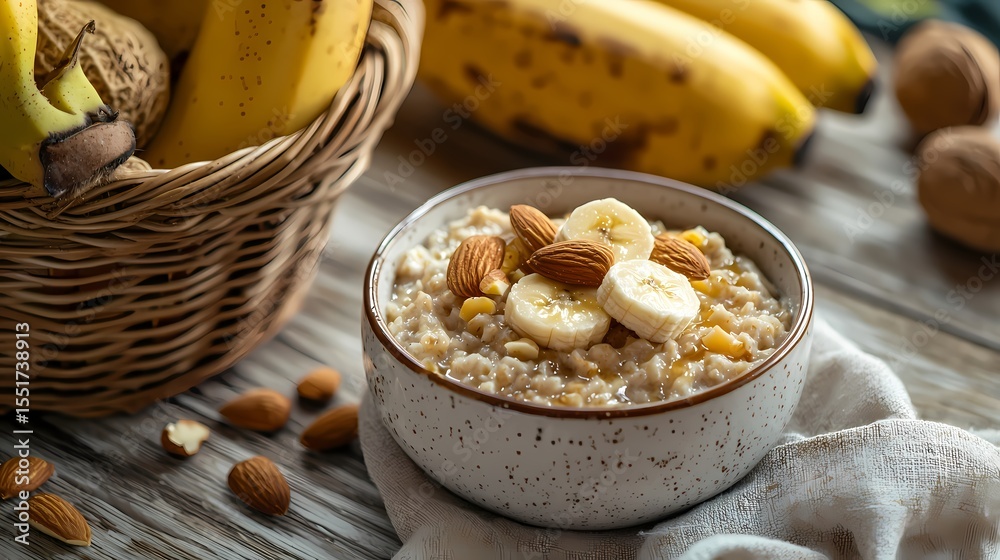 Healthy Breakfast Bowl with Oats, Bananas, and Nuts on Wooden Table Healthy Breakfast Bowl with Oats, Bananas, and Nuts on Wooden Table