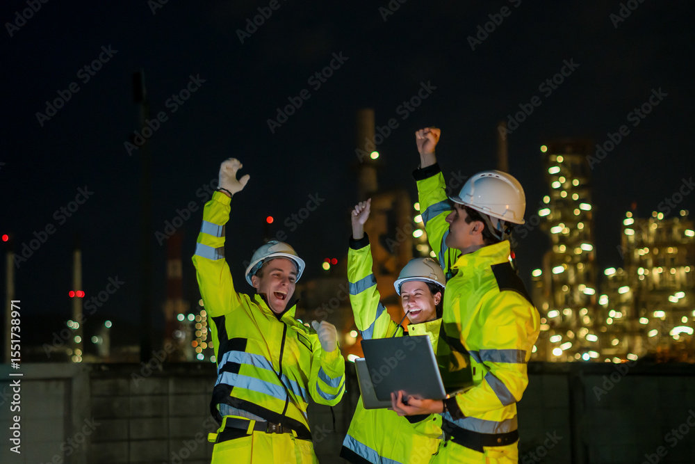 Obraz premium Team of engineers celebrating project success at the oil and gas refinery industrial site at night.