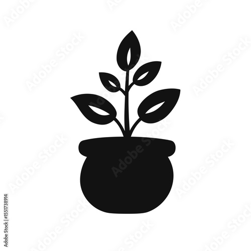 Isolated vector illustration of a small potted houseplant with green leaves, symbolizing nature, growth, and life