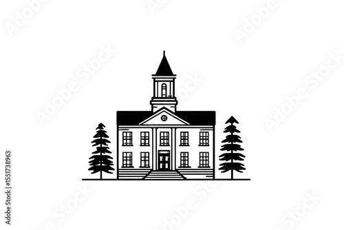 Simple line art illustration of a classic school building.