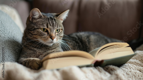 Tabby cat lying on a soft blanket and reading an open book in a cozy indoor setting. Calm and intelligent expression. Peaceful relaxation.