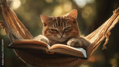 Cute tabby cat comfortably lying in a hammock and reading an open book outdoors on a sunny day. Relaxed feline with focused expression. Peaceful moment.