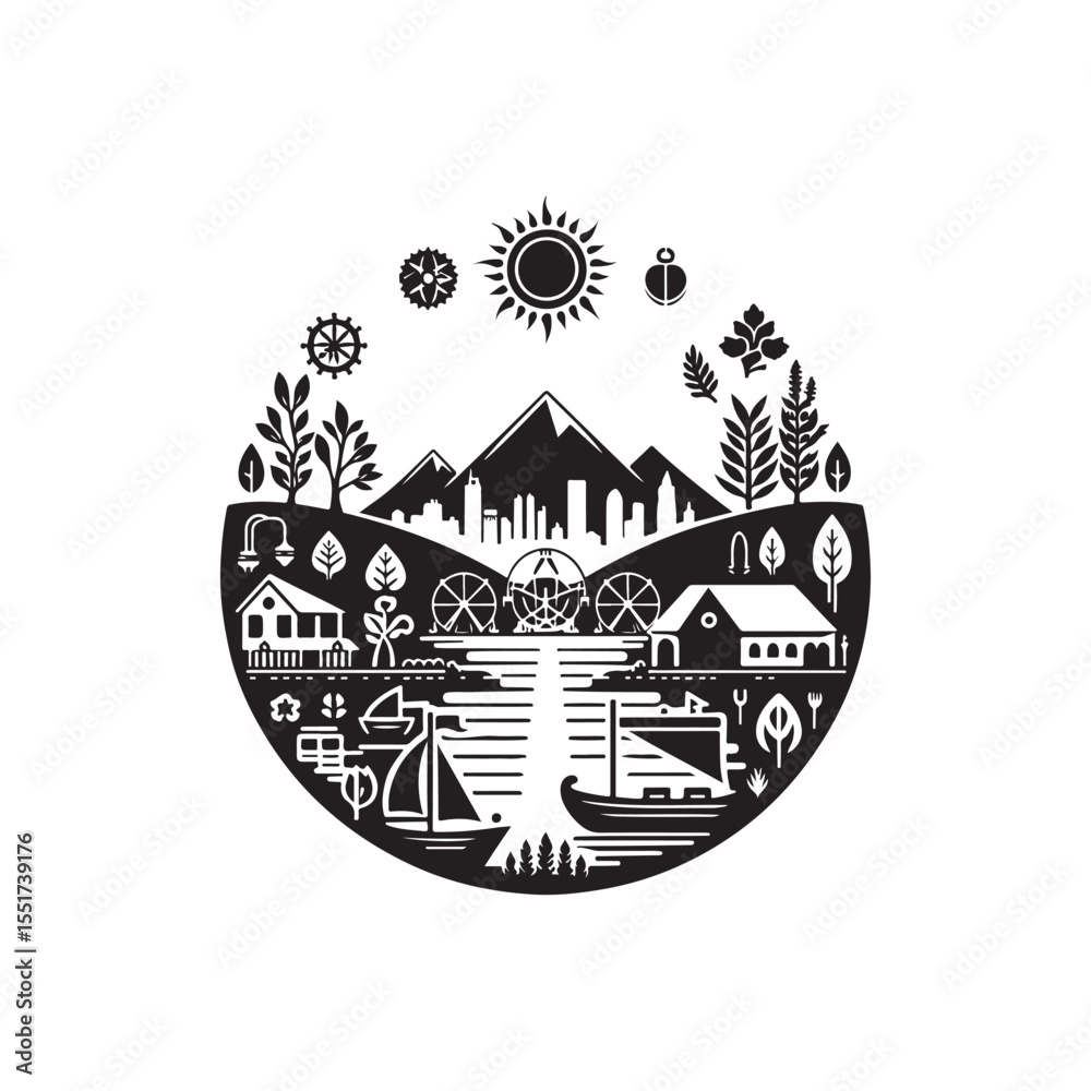 Fototapeta premium Sustainable Living Festivals(Victoria) Silhouette Vector Illustration, Solid White Background.