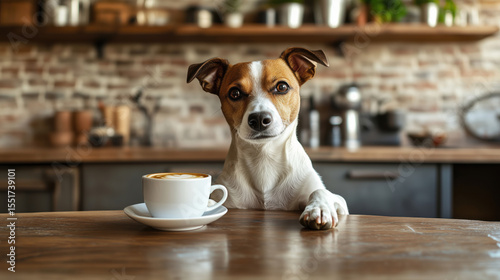 Jack Russell Terrier sitting at a wooden table with a cup of coffee in a cozy kitchen interior. Calm and funny domestic scene. Pet coffee break.