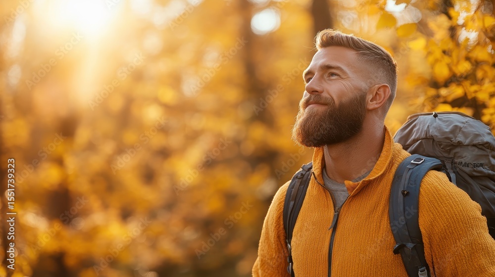 Obraz premium A smiling man wearing a cozy orange sweater stands amidst a stunning autumn forest, surrounded by vibrant yellow leaves, capturing the essence of adventure and tranquility.