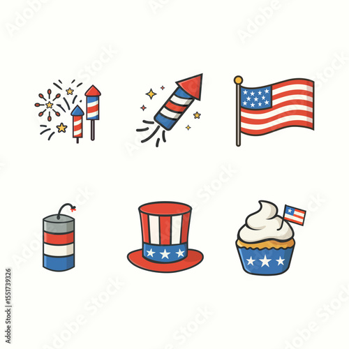 July 4th icon pack with traditional American symbols like rocket, soda, fireworks, and dessert in red white blue