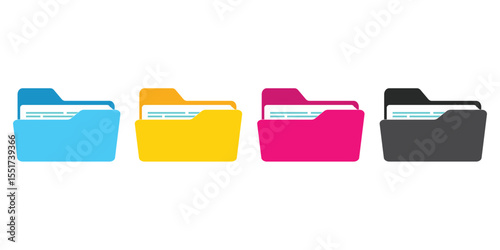 Computer file folder icons set. Colorful document folders. Office folder icons with documents. Folders for reports and important documents. Vector illustration.