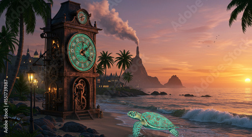 Steampunk Clock Tower on Tropical Beach Sunset