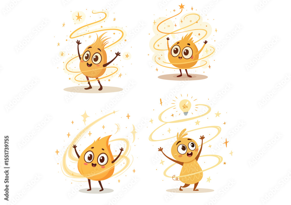Fototapeta premium Glowing spark character with curious eyes and raised arms, surrounded by a swirling light trail