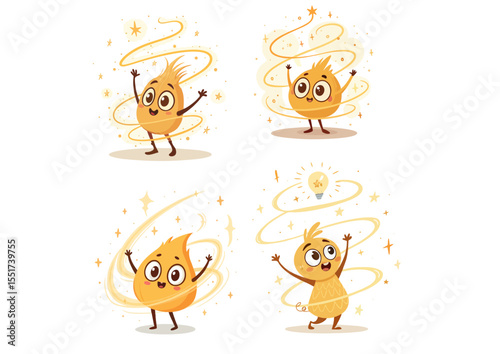 Glowing spark character with curious eyes and raised arms, surrounded by a swirling light trail