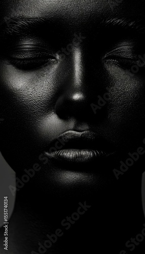 Close-up of a black female face with closed eyes. The skin has a smooth texture and a glossy finish, emphasizing the contours of the face.