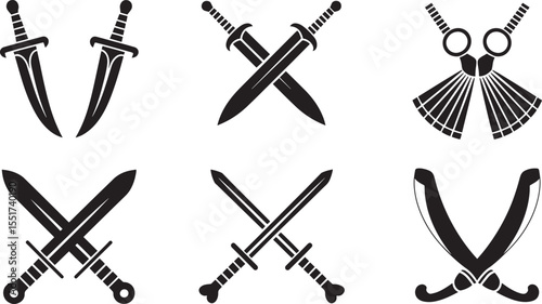 Black and white vector icons of swords and blades weapon combat