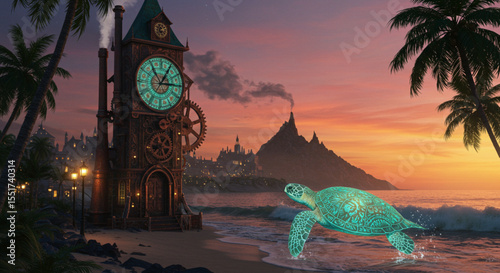 Steampunk Clock Tower on Tropical Beach with Glowing Sea Turtle