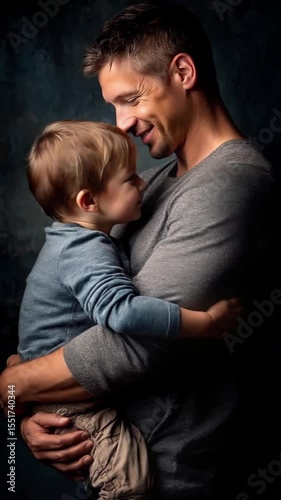 Father cradles son in arms with loving embrace. Slow motion. 4K.