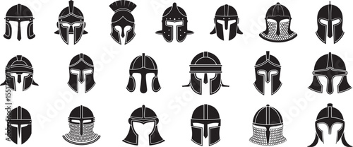 Collection of Ancient Warrior Helmets Silhouettes on White Background military protection