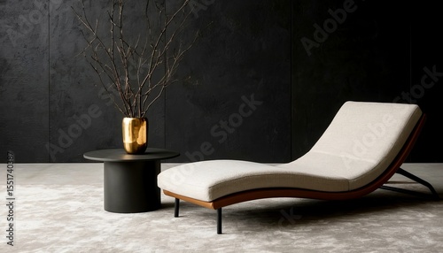 A modern lounge chair in a minimalist interior. The chair is beige with wooden accents. A round black table holds a gold vase with branches.