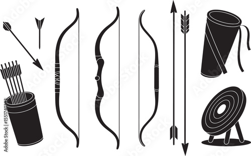 Black silhouette archery equipment set with bows arrows quiver and target vector