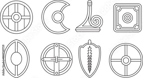 Collection of eight line art shields and historical artifacts vector