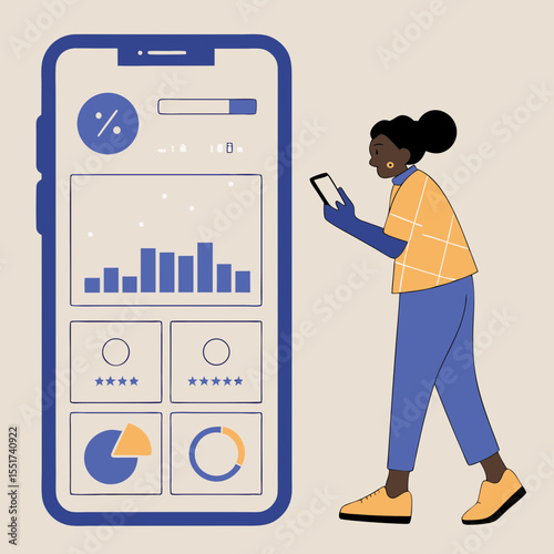 Young black woman using smartphone to analyze marketing data  
