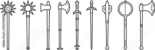 Collection of medieval weapons and blunt instruments mace sword