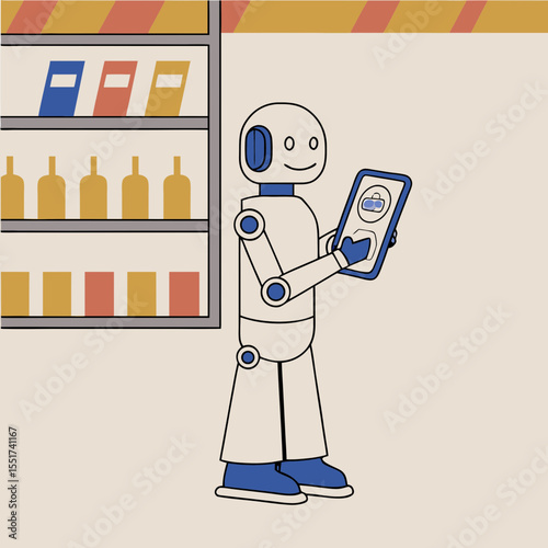 Robot holding tablet while standing in front of shelves in store  