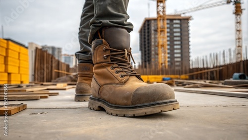 A worker's feet on a construction site, wearing sturdy work boots, symbolizing hard work and progress