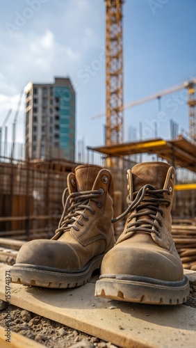 Pair of work boots resting on wooden planks at a construction site, with the building and cranes in the background. This image evokes the dedication and hard work involved in construction