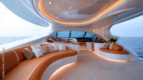 An elegant modern yacht interior featuring sleek curves and refined furnishings  providing a glimpse into a luxurious lifestyle on the open water.
