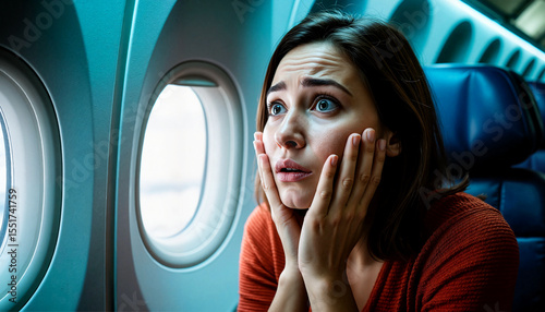 A worried young Caucasian woman with brown hair sits in an airplane seat, holding her face in her hands, looking out the window with concern.