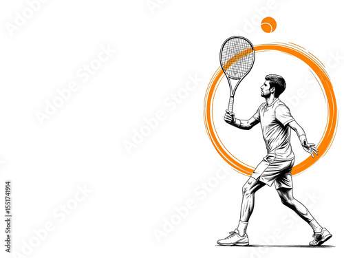 A young man with short hair plays tennis, holding a racket. An orange circle and a tennis ball are in the background, emphasizing the sport.