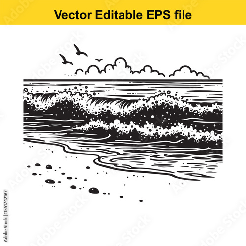 Monochromatic Beach Scene with Waves, Pebbles, and Birds Minimalist Coastal Illustration in Black and White for Graphic Design