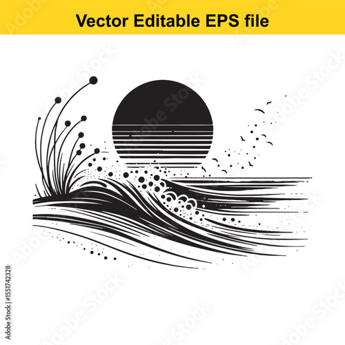 Monochromatic Beach Scene with Waves, Pebbles, and Birds Minimalist Coastal Illustration in Black and White for Graphic Design