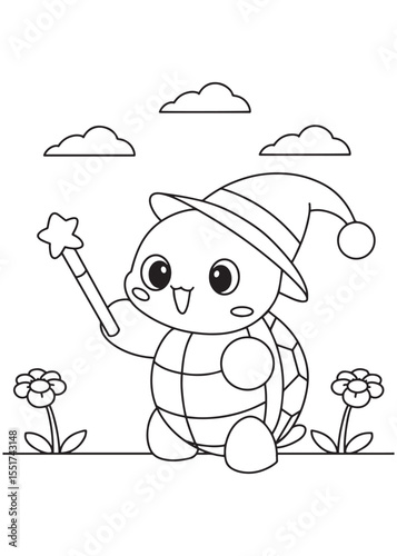 Coloring book turtle dressed as a wizard with a pointy hat