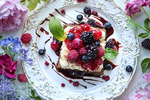 Decadent Dessert with Berries and Chocolate Sauce on Elegant Plate