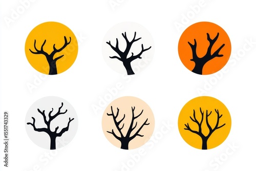 Icon set of trees featuring cracked and fallen branches, representing environmental challenges, climate change, or tree damage in line art