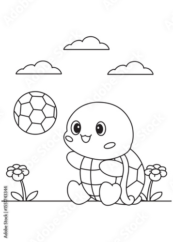 Coloring book turtle playfully interacting with a soccer ball, surrounded by cheerful flowers