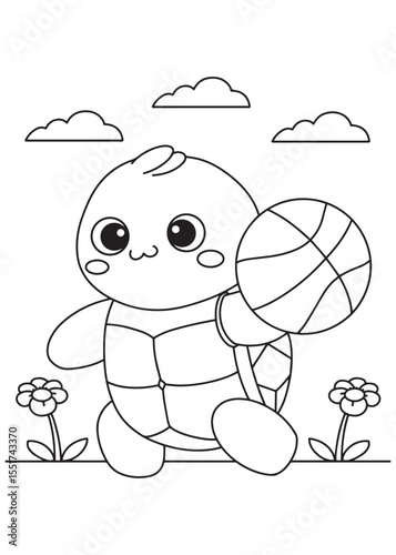 Coloring book turtle happily dribbling a basketball, surrounded by cheerful flowers 