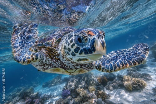 In the deep blue ocean, a hawksbill sea turtle and a tropical tortoise coexist