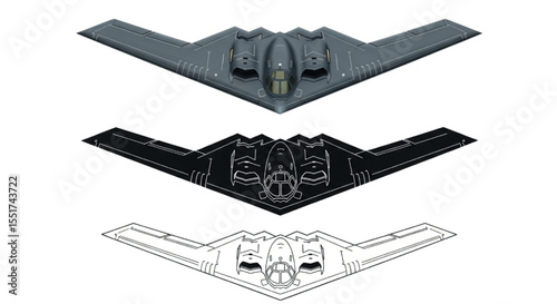 Futuristic B-2 Stealth Bomber – 3 Unique Top-Down Illustrations: Realistic Render, Bold Silhouette & Blueprint Line Art

