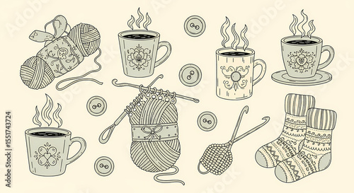 Set of hand drawn whimsical illustrations of knitting supplies and hot beverages. Doodle drawings of yarn balls, steaming mugs, crochet hooks, buttons, and cozy socks. Cottagecore line art in soft