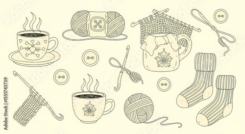Set of hand drawn whimsical illustrations of knitting supplies and hot beverages. Doodle drawings of yarn balls, steaming mugs, crochet hooks, buttons, and cozy socks. Cottagecore line art in soft