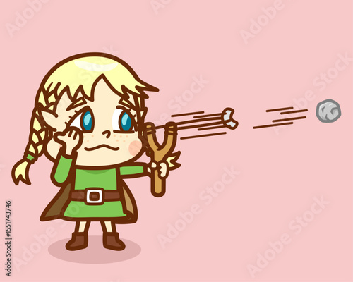 パチンコを射る幼いエルフの女の子のイラスト／
Illustration of a little elf girl shooting a slingshot