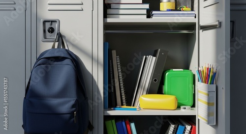 Organized open school locker with backpack, books, and supplies